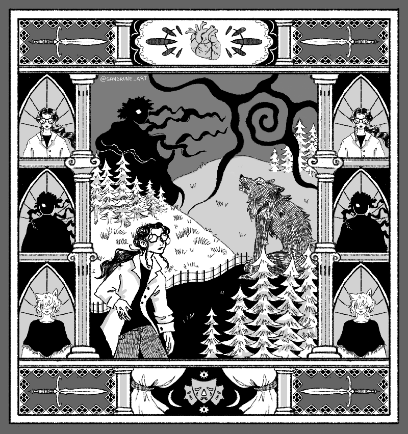 ilustracion en blanco y negro a modo de viñeta sobre un hombre lobo