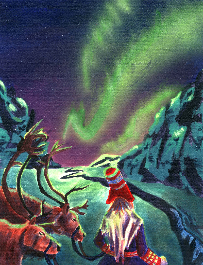 pintura de una persona y dos renos mirando la aurora boreal en la nieve