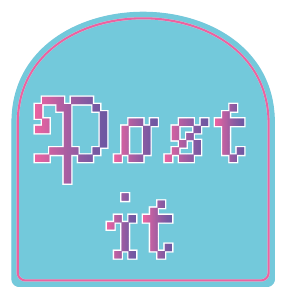 pegatina de post it con forma de ventana azul y tipografia pixelada morada y rosa