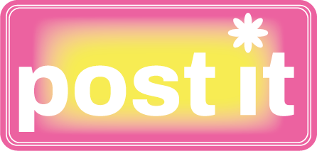 pegatina rectangular de post it rosa con un degradado radial amarillo y tipografia blanca