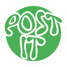 pegatina de post it redonda verde con un borde y tipografia blancas