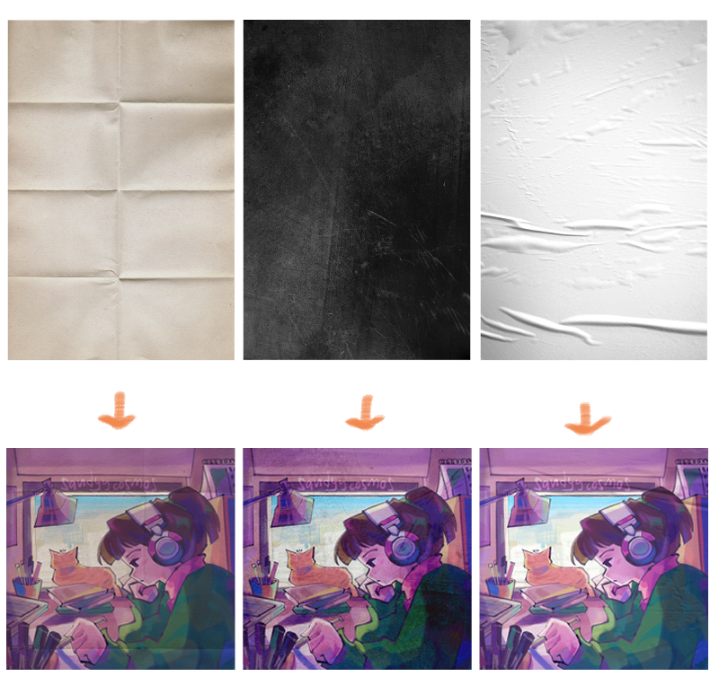 tres imagenes de texturas con la misma imagen en la parte inferior con estas texturas aplicadas